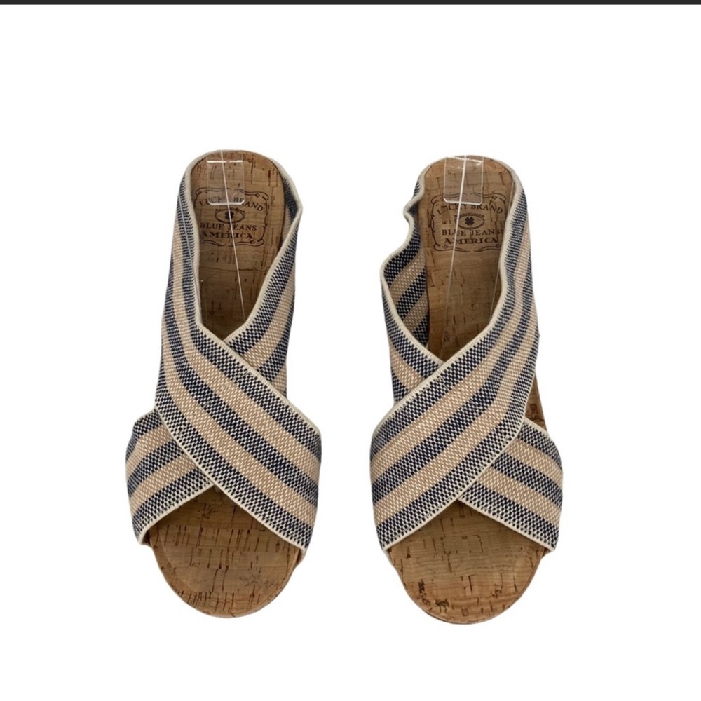 Women’s Lucky Brand Size 8M Tan Black Striped Miller 2 Cork Wedge/Platform Shoes